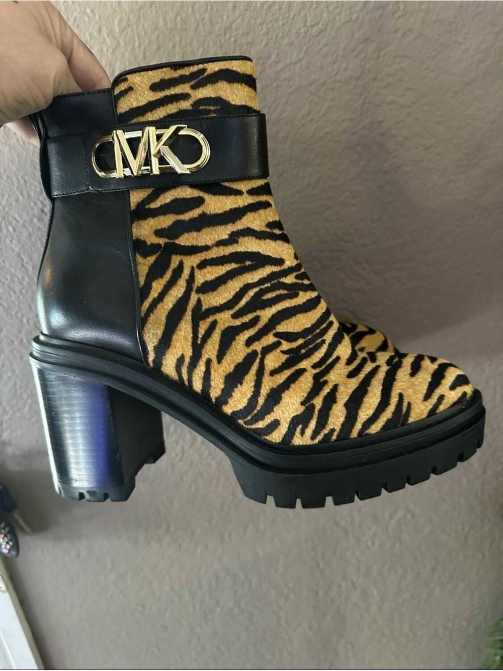Michael Kors Black Leather & Tiger Print Ankle Boot with Gold MK Accent